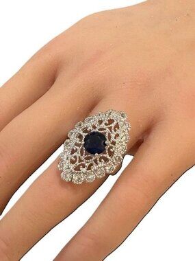 Vintage Silver Tone Filigree Ring With Blue Center Stone Size 6